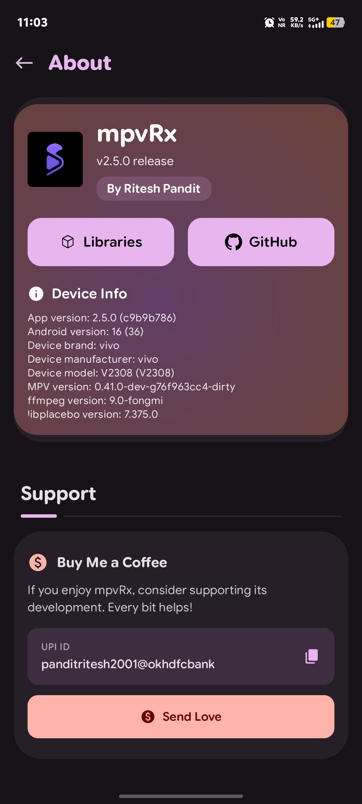 mpvRx About screen